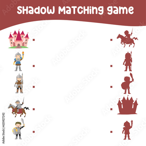 Matching shadows game for kids with medieval kingdom theme. Find the correct shadow of the kingdom guards and castle. Printable worksheet for kid. Vector file. 
