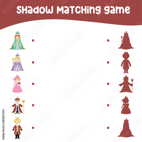 Matching shadows game for kids with medieval kingdom theme. Find the correct shadow of the king, queen, prince, and princess. Printable worksheet for kid. Vector file. 