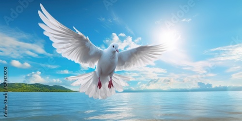 International Peace Day  White Dove Flying on Blue Sky Background  Bird of Peace Symbol. Generative Ai