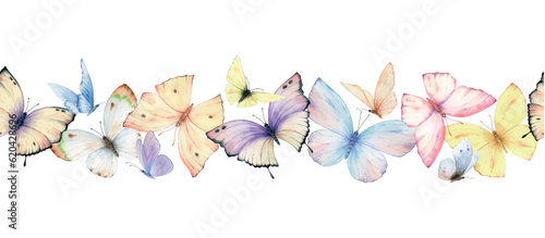 Watercolor seamless pattern of multicolored butterflies.