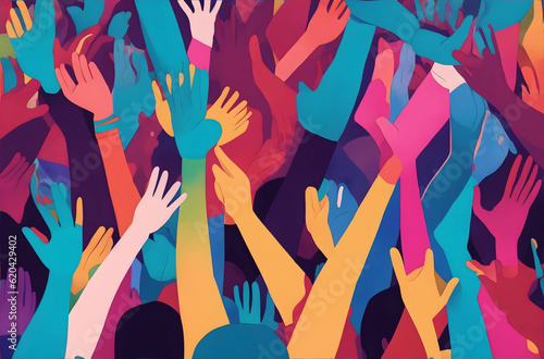 An illustration showcasing a collection of diverse and colorful hands raised up. Unity, participation, diversity, and the power of collective action in our multicultural society