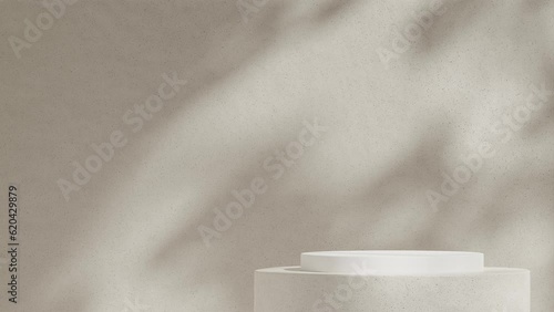 3d footage render blank mockup of white color and ceramics textured cylinder podium looping shadow animation seamless with natural textured wall