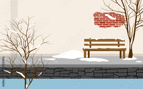 bench in the snow, winter illustration 