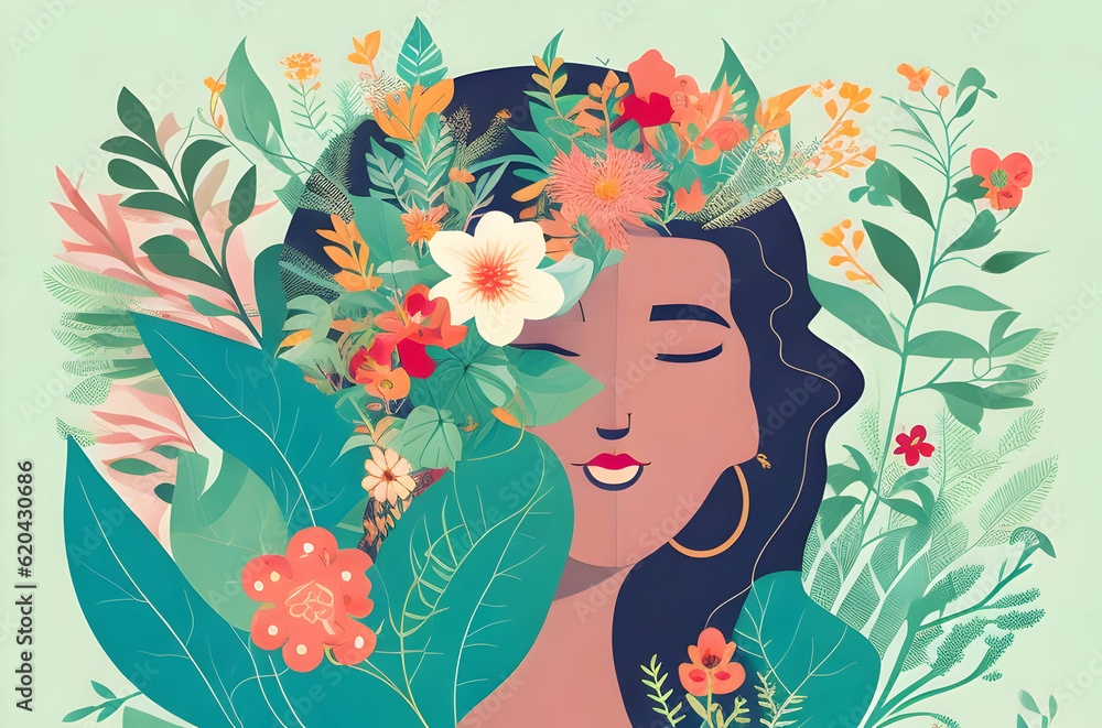 Mental health and well-being concept illustration, featuring a stylized head surrounded by plants and flowers, symbolizing growth and nurture.