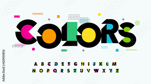 Colors font letters alphabet. Creative art, modern logo typography. Color typographic design with memphis style elements. Letter set for rainbow headline, colored cover title, monogram. Vector typeset