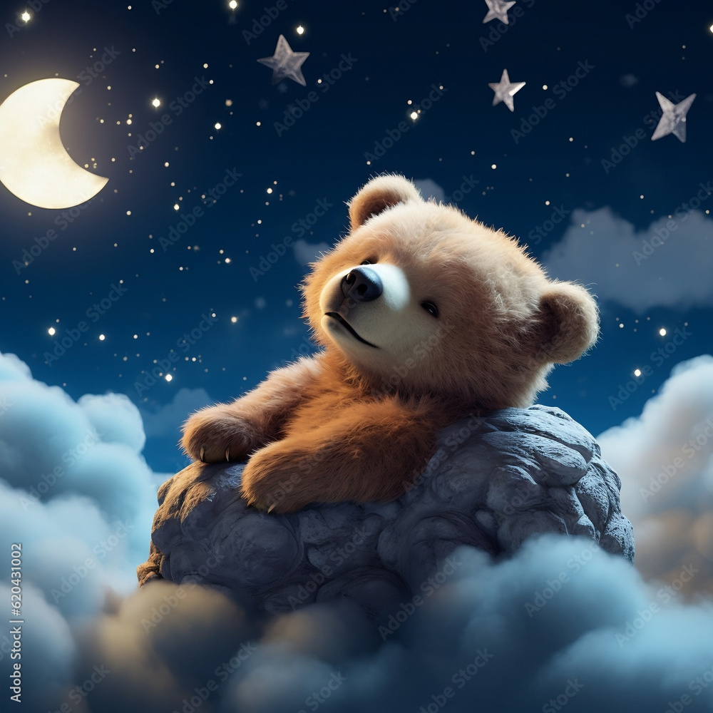 baby bear sleeping on cloud with moon view generative ai Stock ...