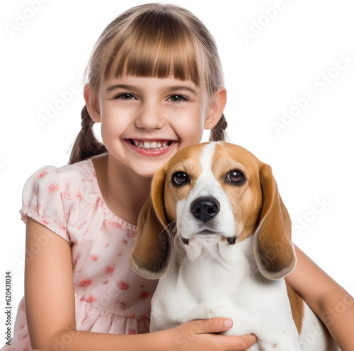Smiling cute blond little girl is hugging a beagle dog isolated on white background as transparent PNG, fictional human and animal