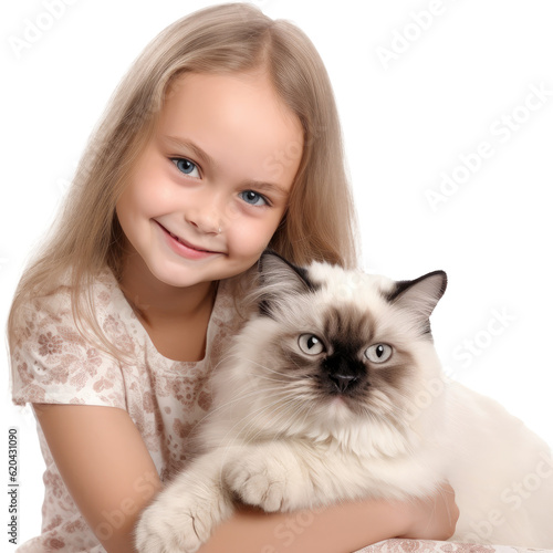 Smiling little girl and a ragdoll cat isolated on white background as transparent PNG, fictional human and animal