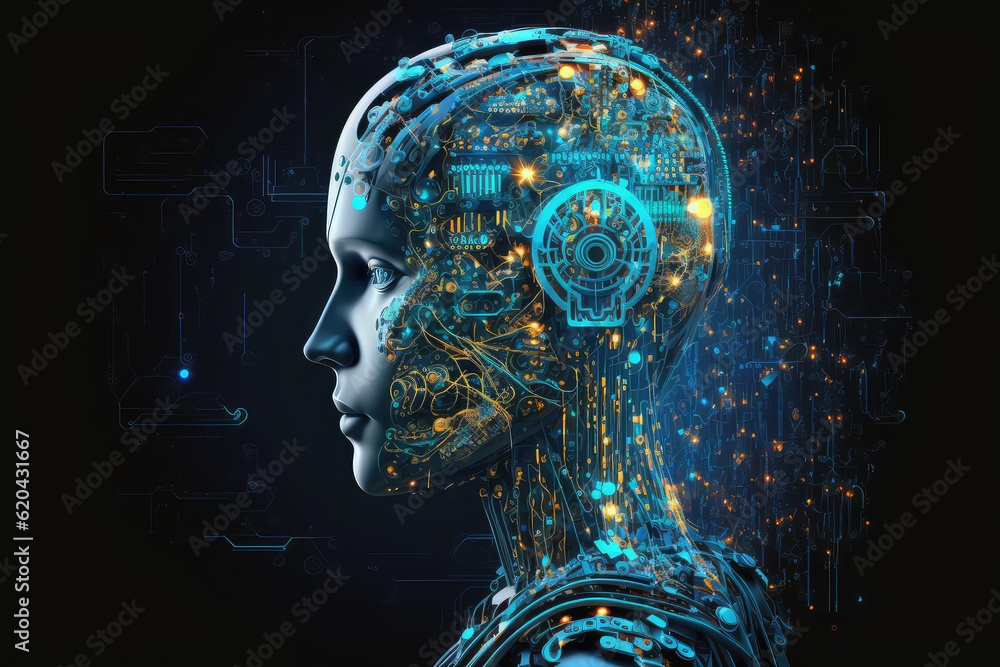 Extremely detailed futuristic robot or cyborg head in profile. Isolated on black background. 3D Render. (ai generated) Extremely detailed futuristic robot or cyborg head in profile. Isolated on black background. 3D Render. (ai generated)