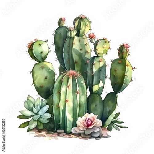 Watercolor illustration of a cactus. Houseplant, desert, succulent. For creating posters, stickers, postcards, prints, sublimations. AI generated