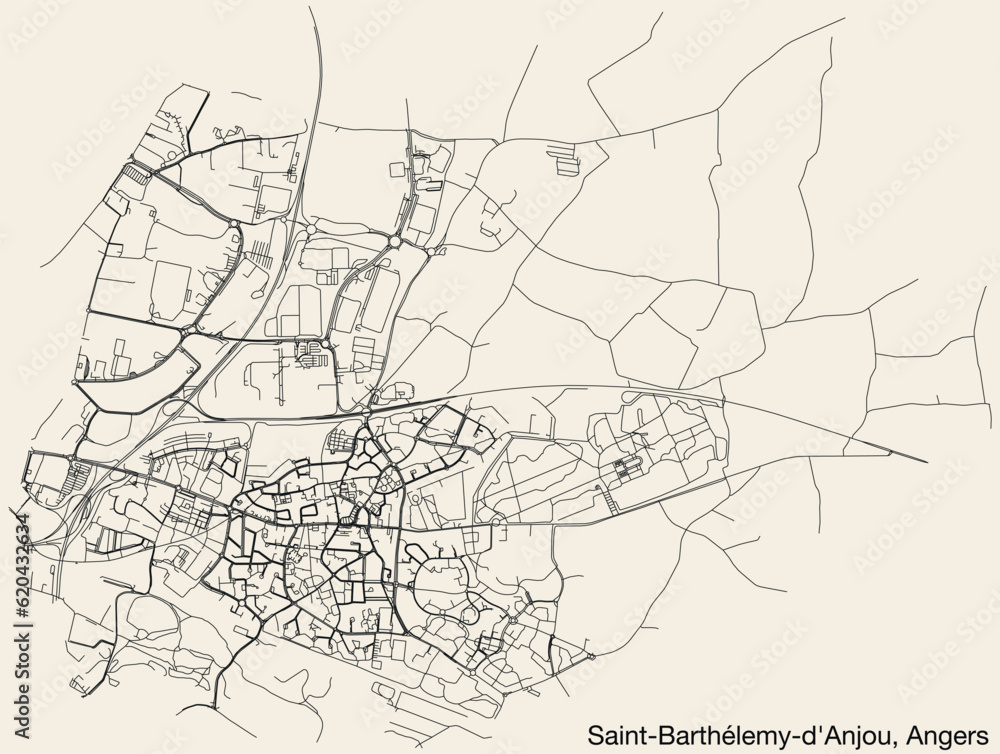 Obraz premium Detailed hand-drawn navigational urban street roads map of the SAINT-BARTHÉLEMY-D'ANJOU COMMUNE of the French city of ANGERS, France with vivid road lines and name tag on solid background