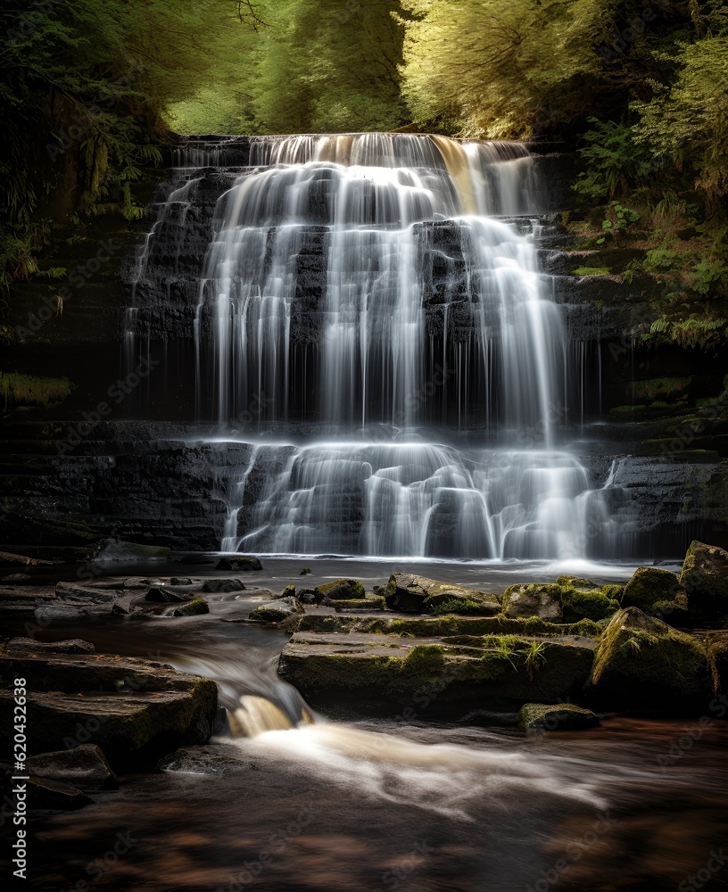 Obraz premium In wales A cascading waterfall in the Brecon Beacons, its waters glimmering like silver threads against the rugged terrain.