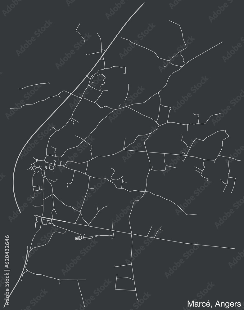 Detailed hand-drawn navigational urban street roads map of the MARCÉ COMMUNE of the French city of ANGERS, France with vivid road lines and name tag on solid background