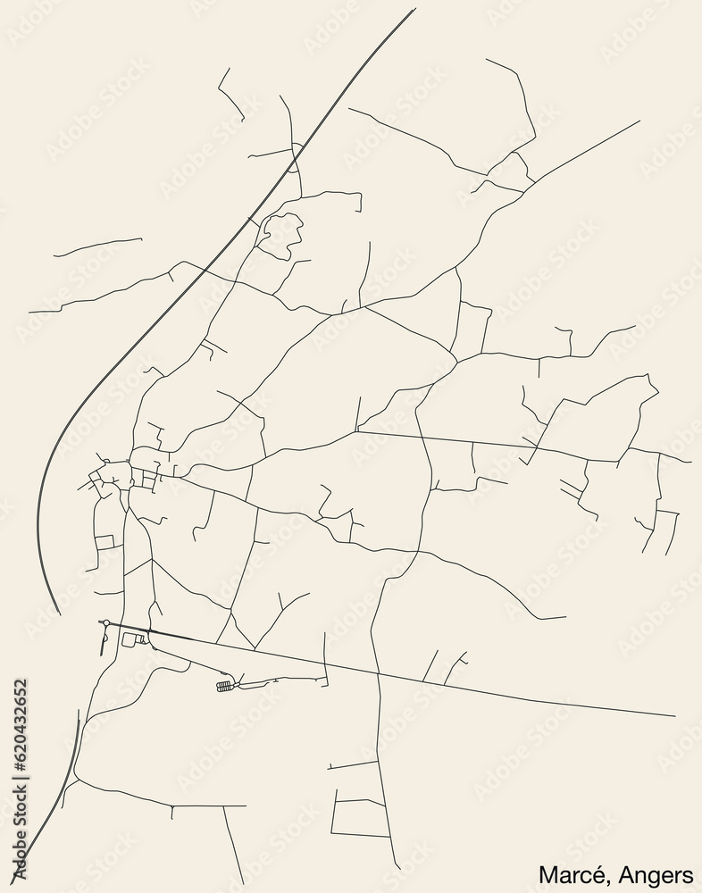 Detailed hand-drawn navigational urban street roads map of the MARCÉ COMMUNE of the French city of ANGERS, France with vivid road lines and name tag on solid background Detailed hand-drawn navigational urban street roads map of the MARCÉ COMMUNE of the French city of ANGERS, France with vivid road lines and name tag on solid background