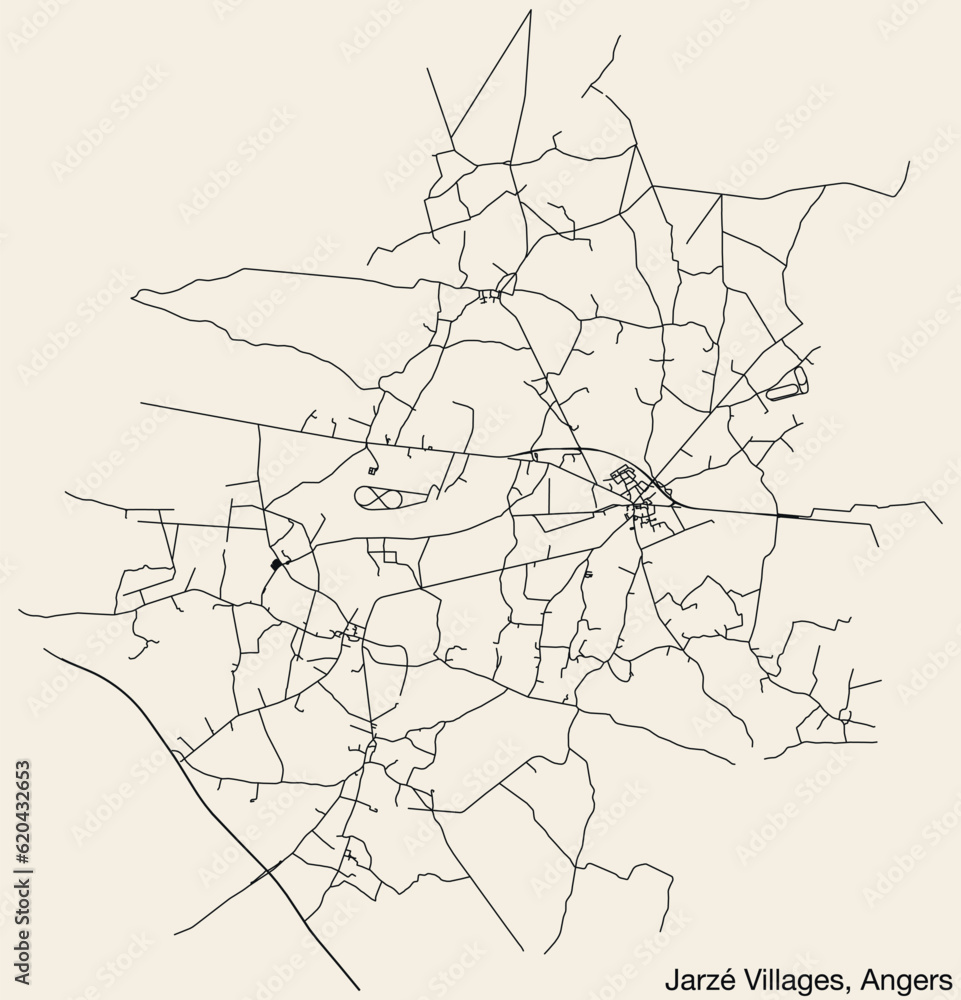 Detailed hand-drawn navigational urban street roads map of the JARZÉ-VILLAGES COMMUNE of the French city of ANGERS, France with vivid road lines and name tag on solid background