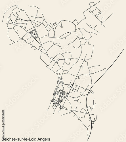 Detailed hand-drawn navigational urban street roads map of the SEICHES-SUR-LE-LOIR COMMUNE of the French city of ANGERS, France with vivid road lines and name tag on solid background