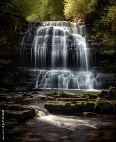 In wales A cascading waterfall in the Brecon Beacons  its waters glimmering like silver threads against the rugged terrain.