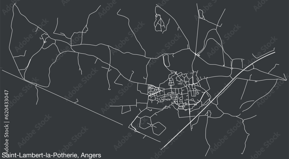 Obraz premium Detailed hand-drawn navigational urban street roads map of the SAINT-LAMBERT-LA-POTHERIE COMMUNE of the French city of ANGERS, France with vivid road lines and name tag on solid background