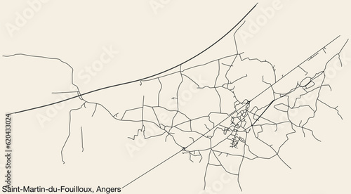 Detailed hand-drawn navigational urban street roads map of the SAINT-MARTIN-DU-FOUILLOUX COMMUNE of the French city of ANGERS, France with vivid road lines and name tag on solid background