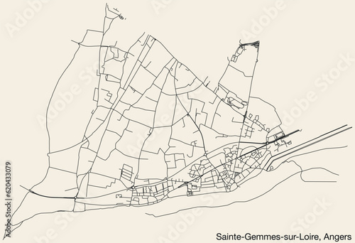 Detailed hand-drawn navigational urban street roads map of the SAINTE-GEMMES-SUR-LOIRE COMMUNE of the French city of ANGERS, France with vivid road lines and name tag on solid background