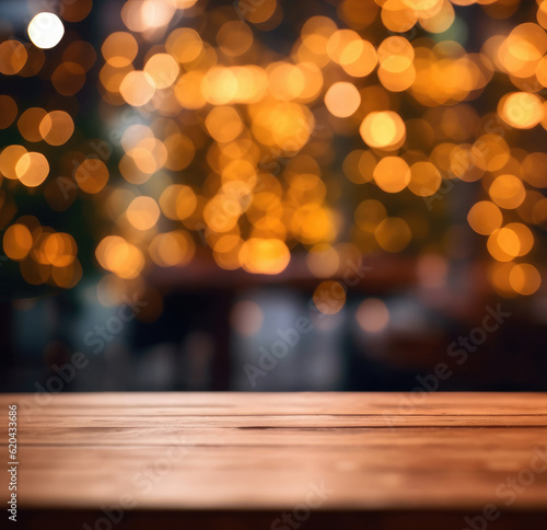Christmas background. Empty wooden table on the background of the New Year s golden bokeh. Ready for product montage.Generative AI