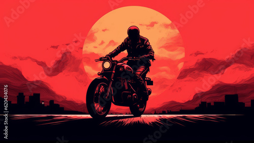 biker on a motorcycle rides off into the sunset