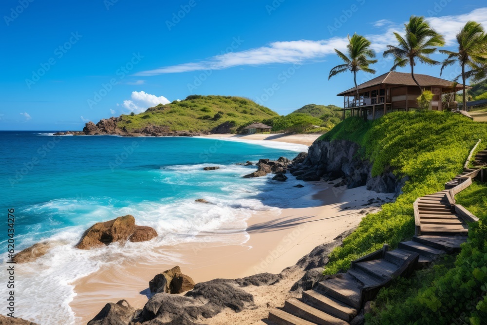 Fototapeta premium Scenic Island With Lodging And Beach Natural Light, Generative AI