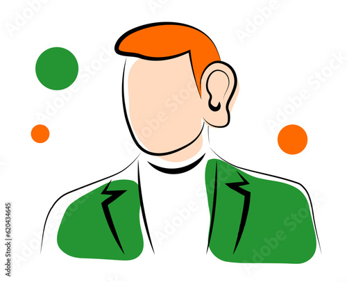 Red-haired man with a big ear on a white background. The man is listening. Vector illustration in doodle style