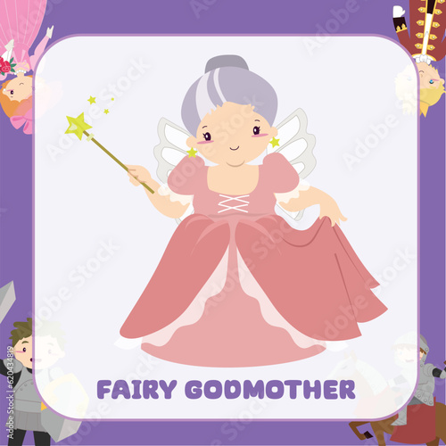 Vector fairy tale kingdom flashcard of fairy godmother. Medieval fairytale a fairy godmother cartoon character. Vector outline fantasy monarch kingdom.