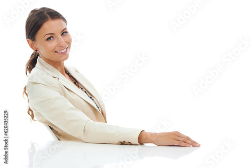 Portrait, smile and confident business woman, bank consultant or agent happy for administration work. Financial advisor, table and proud professional person isolated on a transparent, png background