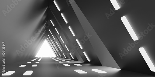 Empty Long Light Corridor. Modern black background. Futuristic Sci-Fi triangle Tunnel. 3D Rendering