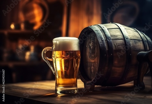 Glass of beer and barrel on a wooden table on bokeh background ai generated