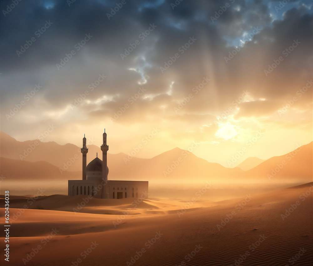 mosque in sunset and sunrise in the desert, created using generative AI tools 