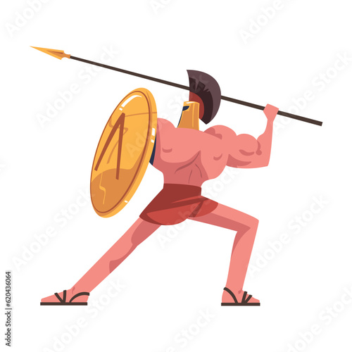 Man Spartan Soldier or Warrior in Helmet with Spear and Shield Vector Illustration