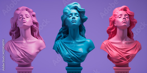 Three female busts of different colors, on purple wall, in the style of vaporwave. Bold compositions, vibrant, exaggerated scenes. Generative AI.