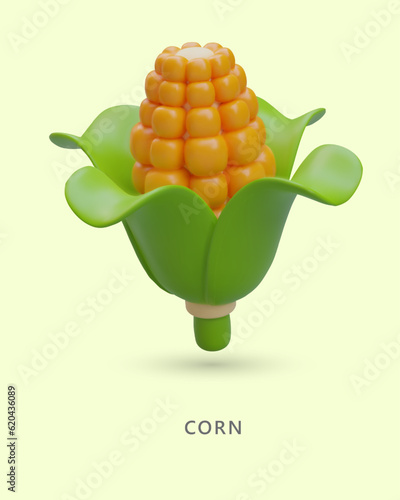 Realistic ear of yellow ripe corn. Seed material. Highly productive modified hybrids, modern varieties. Vertical poster for farming, agriculture website, seed sellers