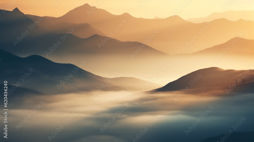sunrise over the misty mountains at morning, created using generative AI tools