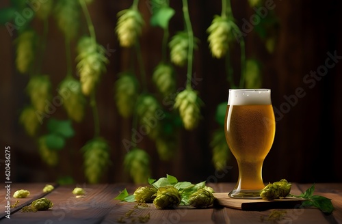 Glass of beer with hop cones on wooden table ai generated