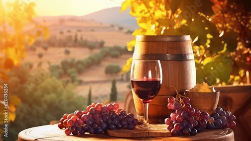 Wine Glasses And Bottle With Barrel In Vineyard At Sunset (ai generated)