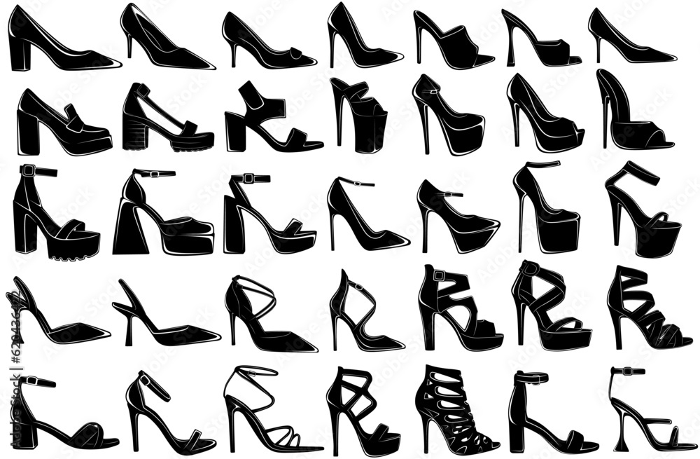 Set collections black high heels glossy silhouette icon. women shoes logo design vector illustration