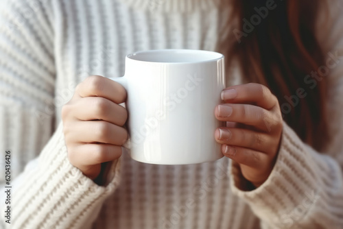 Woman holding cup of hot drink in hands, closeup. Generative AI