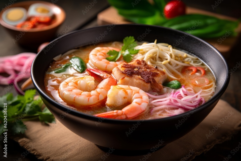 Tom Yum Goong - Thai spicy soup with shrimp, rice noodles and vegetables. Generative AI