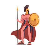 Man Spartan Soldier or Warrior in Helmet with Spear and Shield Vector Illustration