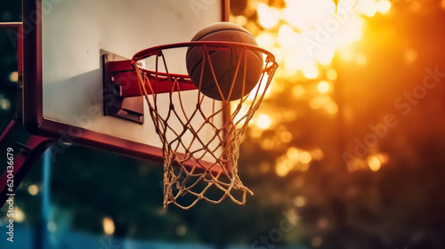 Basketball hoop and ball on basketball court at sunset. Sport background. Generative AI