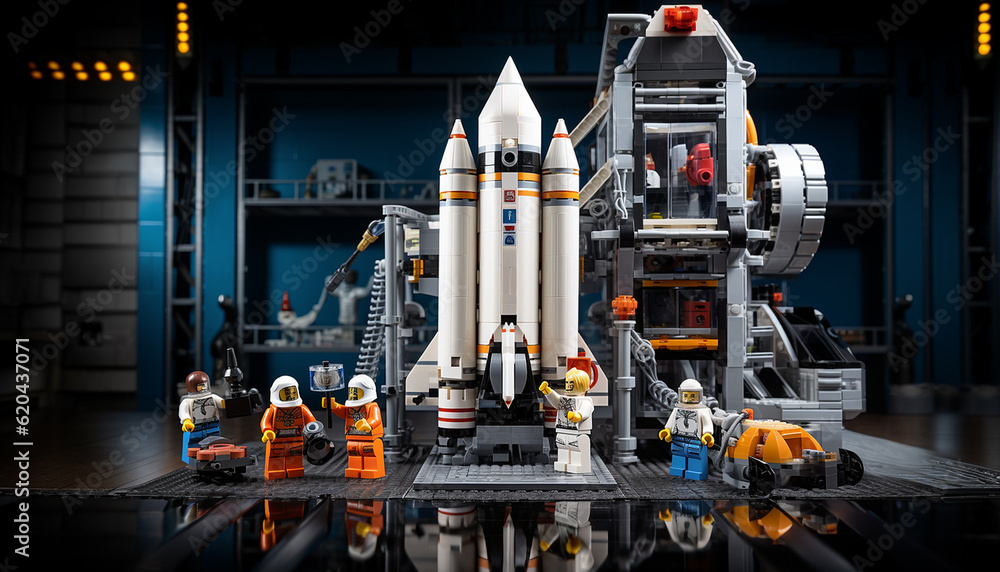 Fototapeta premium Studio shot of LEGO minifigure astronuats with computer, science equipment, and rover. Nasa Lego