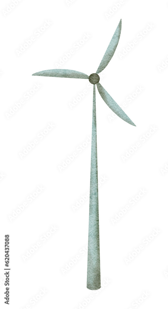 Windmill for electric power production. Wind turbine front. Alternative renewable power generation, green energy concept. Netherlands,Sustainable development, renewable energy. Hand drawn watercolor Windmill for electric power production. Wind turbine front. Alternative renewable power generation, green energy concept. Netherlands,Sustainable development, renewable energy. Hand drawn watercolor