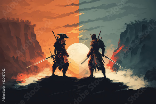 illustration painting A samurai with a katana stands ready to fight against a huge army. 2D illustration, digital art style.