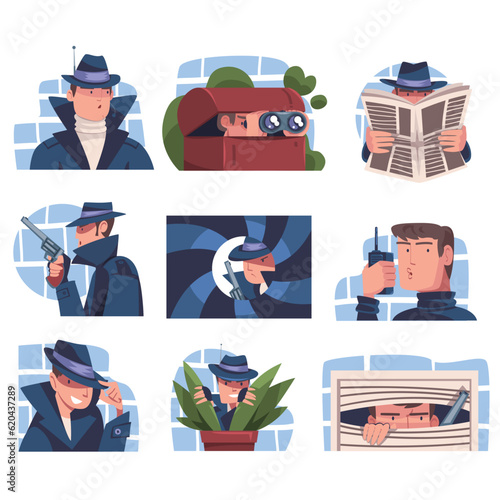 Man Spy Character in Black Coat and Brimmed Hat Investigating Vector Set
