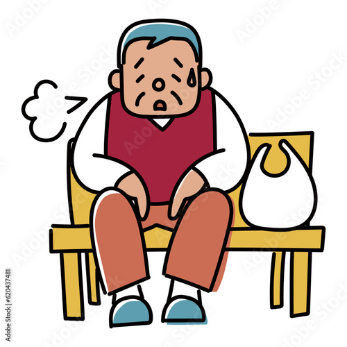 買物の途中で疲れてベンチで休む高齢男性のイラスト