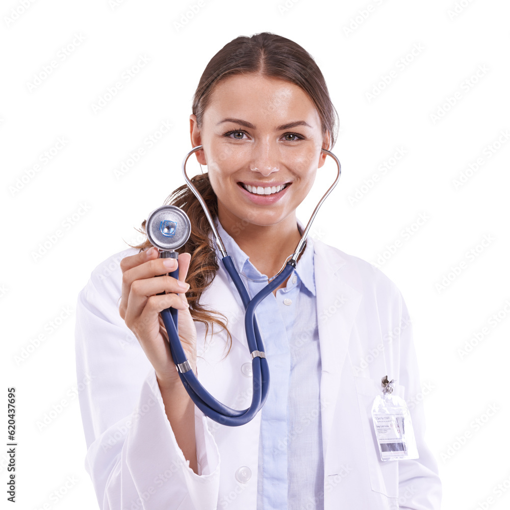 Happy woman, portrait and doctor with stethoscope for cardiology isolated on a transparent PNG background. Female person, medical or healthcare professional smile in heart beat, BPM or clinic checkup Happy woman, portrait and doctor with stethoscope for cardiology isolated on a transparent PNG background. Female person, medical or healthcare professional smile in heart beat, BPM or clinic checkup